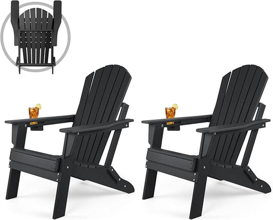 FUNBERRY Folding Adirondack Chair Set of 2, HDPE All Weather Fire Pit Chairs with Cup Holder for Outdoor