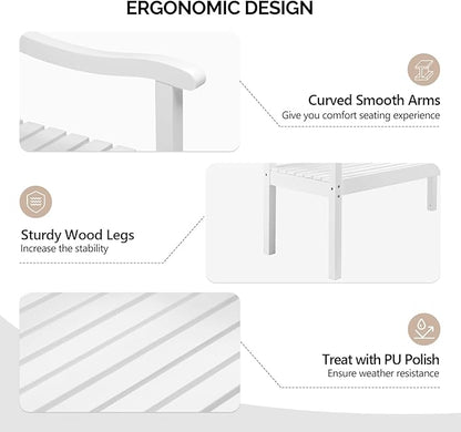 VINGLI 50" Outdoor Wood Bench, Weatehr Resistant Wooden Garden Patio Bench with Comfortable Backrest & Curved Armrest, 800lb Capacity Loveseat for Front Porch Park Yard Deck (White, Dense Slatted)
