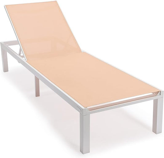 LeisureMod Marlin Aluminum Outdoor Chaise Lounge Chair - Mesh Sling Fabric Seat White Aluminum Frame Beach, Pool Lounge Chair for Modern Patio Lawn, Garden and Backyard (Light Brown)