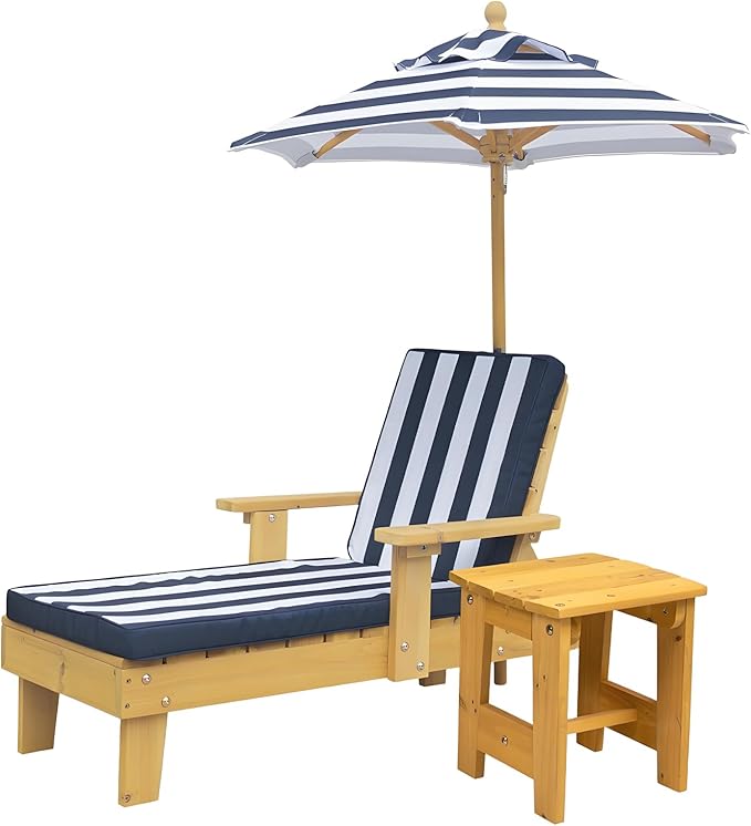 Kids Lounge Chair Outdoor, Kids Lounge Chair, Removable Striped Fabric Cushions, Outdoor Chaise Lounge with Parasol - Photo 1