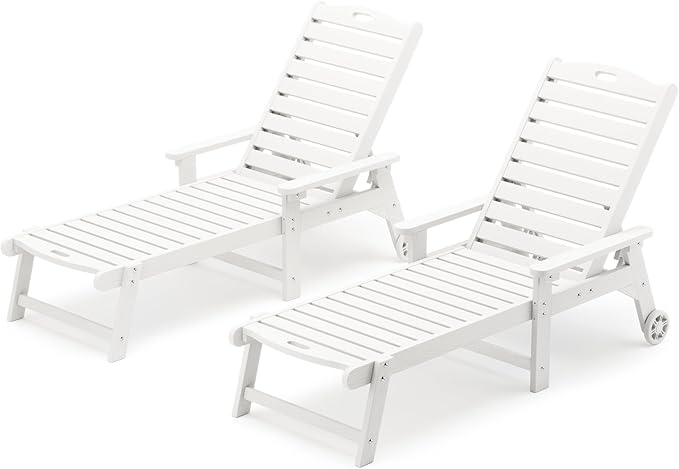 LUE BONA HDPS Chaise Lounge Chair Set of 2, Outdoor Pool Lounge Chairs with Adjustable Backrest, Resin Patio Lounge Chairs with Wheels for Outside, Poolside, White