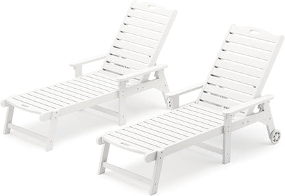 LUE BONA HDPS Chaise Lounge Chair Set of 2, Outdoor Pool Lounge Chairs with Adjustable Backrest, Resin Patio Lounge Chairs with Wheels for Outside, Poolside, White