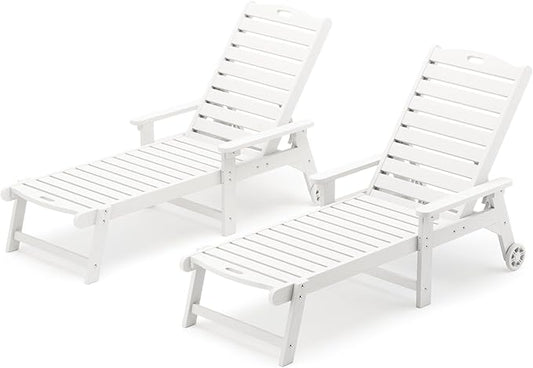 LUE BONA HDPS Chaise Lounge Chair Set of 2, Outdoor Pool Lounge Chairs with Adjustable Backrest, Resin Patio Lounge Chairs with Wheels for Outside, Poolside, White