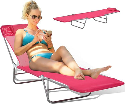 3-in-1 Heavy Duty Tanning Chair with Face Hole Adjustable 5-Position Folding Chaise Lounge Chairs Portable Lay Flat Beach Lounge Chair for Outdoor Sunbathing Patio Pool Lawn Camping Deck (Pink 2)