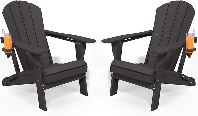 Foldable Adirondack Chair with Cup Holder-Heavy Duty Recycled HDPE Outdoor Patio Furniture, Weather Resistant Deck Lawn Fire Pit Chair (Black, 2 Chair)