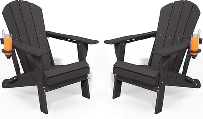 Foldable Adirondack Chair with Cup Holder-Heavy Duty Recycled HDPE Outdoor Patio Furniture, Weather Resistant Deck Lawn Fire Pit Chair (Black, 2 Chair)