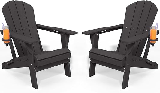 Foldable Adirondack Chair with Cup Holder-Heavy Duty Recycled HDPE Outdoor Patio Furniture, Weather Resistant Deck Lawn Fire Pit Chair (Black, 2 Chair)
