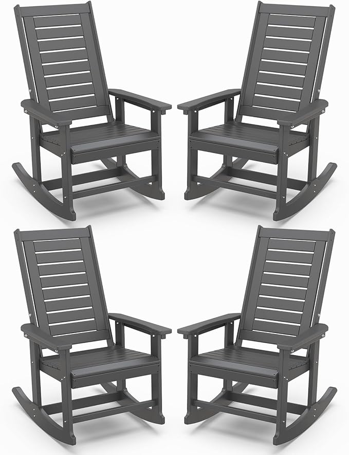 IVY&LANE Outdoor Rocking Chairs Set of 4 | Porch-Rockers | Grey | HDPE Plastic | All-Weather | High Back | Wide Seat | Oversized Patio Rocker for Adult | for Outside Deck Balcony Garden