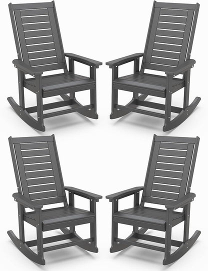 IVY&LANE Outdoor Rocking Chairs Set of 4 | Porch-Rockers | Grey | HDPE Plastic | All-Weather | High Back | Wide Seat | Oversized Patio Rocker for Adult | for Outside Deck Balcony Garden