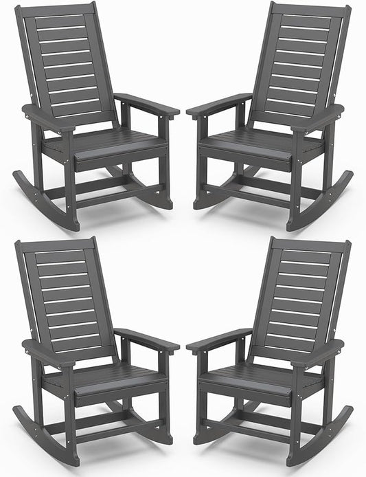 IVY&LANE Outdoor Rocking Chairs Set of 4 | Porch-Rockers | Grey | HDPE Plastic | All-Weather | High Back | Wide Seat | Oversized Patio Rocker for Adult | for Outside Deck Balcony Garden