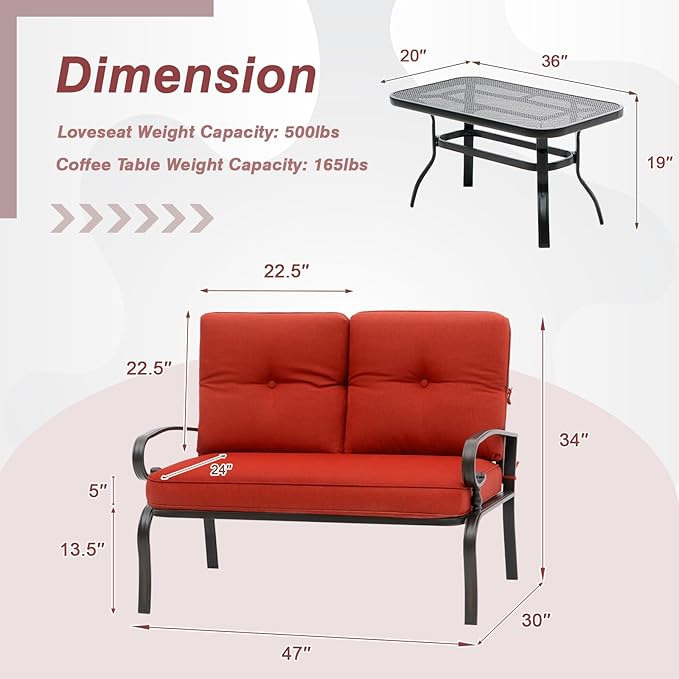 Oakcloud Outdoor 2 Pcs Patio Loveseat Bench Metal Frame Furniture Set with Thick Cushions and Coffee Table, Wrought Iron Look (Red)