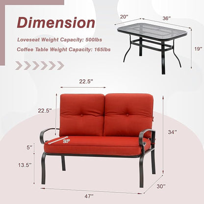Oakcloud Outdoor 2 Pcs Patio Loveseat Bench Metal Frame Furniture Set with Thick Cushions and Coffee Table, Wrought Iron Look (Red)