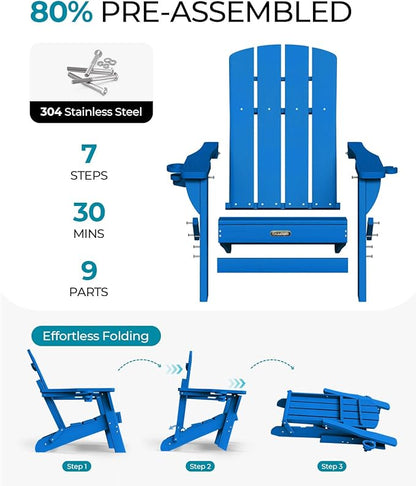 Folding Adirondack Chair, HDPE All-Weather Fire Pit Chairs, Plastic Adirondack Chairs with 2 Cup Holder, Outdoor Lawn Chair for Patio Garden (Royal Blue)