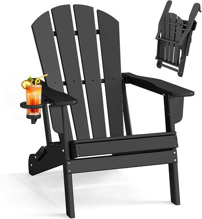 BRIOPAWS Folding-Adirondack-Chair | HDPE Plastic | Fire Pit Chairs | Cup Holder | Curved Back | All Weather | for Outdoor Backyard Deck Patio | Black