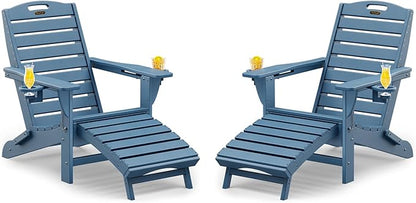 Folding Adirondack Chairs Set of 2,Adirondack Chair with Retractable Ottoman,Plastic Adirondack Chairs with 2 Cup Holder,Weather Resistant Patio Chair,Outdoor Chairs Set of 2(Navy Blue)