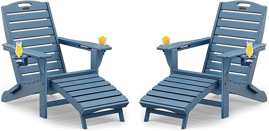 Folding Adirondack Chairs Set of 2,Adirondack Chair with Retractable Ottoman,Plastic Adirondack Chairs with 2 Cup Holder,Weather Resistant Patio Chair,Outdoor Chairs Set of 2(Navy Blue)