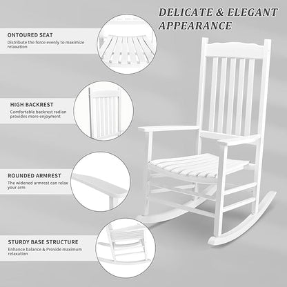 Outvita Outdoor Rocking Chair, Solid Wood High Back Rocker, All Weather Lounge Chair for Porch Patio Fire Pit Garden Backyard Deck Indoor, Wave Shape, White