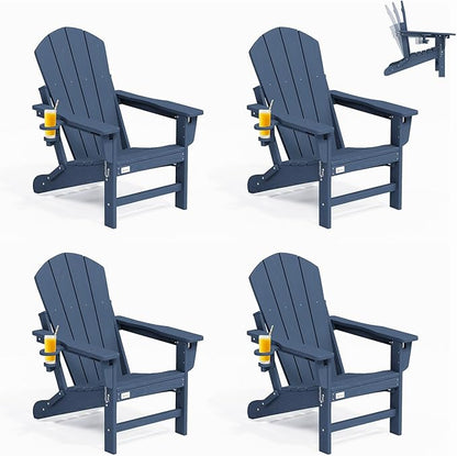 Mdeam 3-Position Adjustable Adirondack Chair Set of 4, 400LBS Capacity, Cup Holder, Wooden Textured, All-Weather HDPE Folding Fire Pit Outdoor Chairs for Poolside Deck Patio Garden Yard - Navy Blue