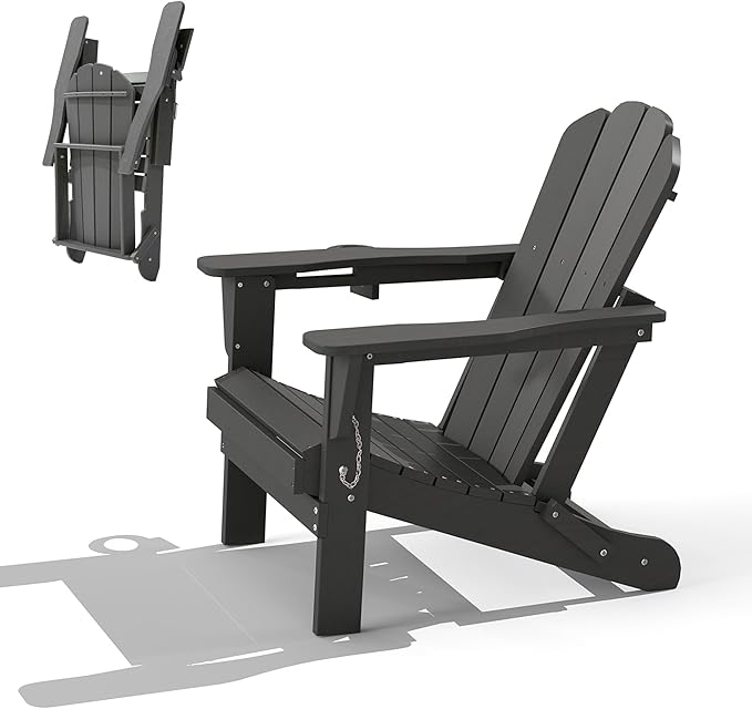 Domi Folding Adirondack Chair, HDPE All-Weather Outdoor Chair with Cup Holder, Wooden Textured Fire Pit Chair for Backyard, Patio, Poolside & Deck, Grey