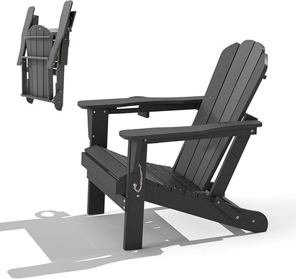 Domi Folding Adirondack Chair, HDPE All-Weather Outdoor Chair with Cup Holder, Wooden Textured Fire Pit Chair for Backyard, Patio, Poolside & Deck, Grey