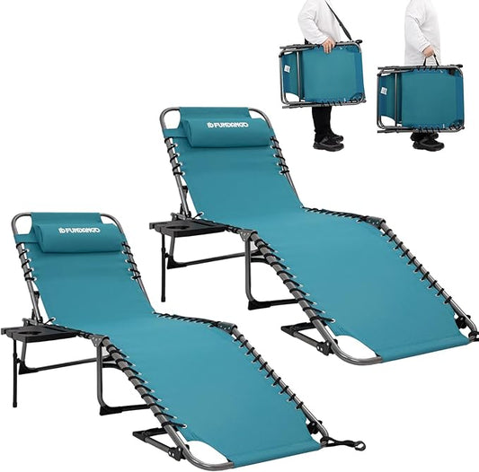 FUNDANGO 2 Pack Folding Chaise Lounge Chair Outdoor, 5 Positions Foldable Beach Lounges Chairs for Adults with Side Table & Pillow for Outside Tanning Pool Camping Patio Lawn (Cyan)