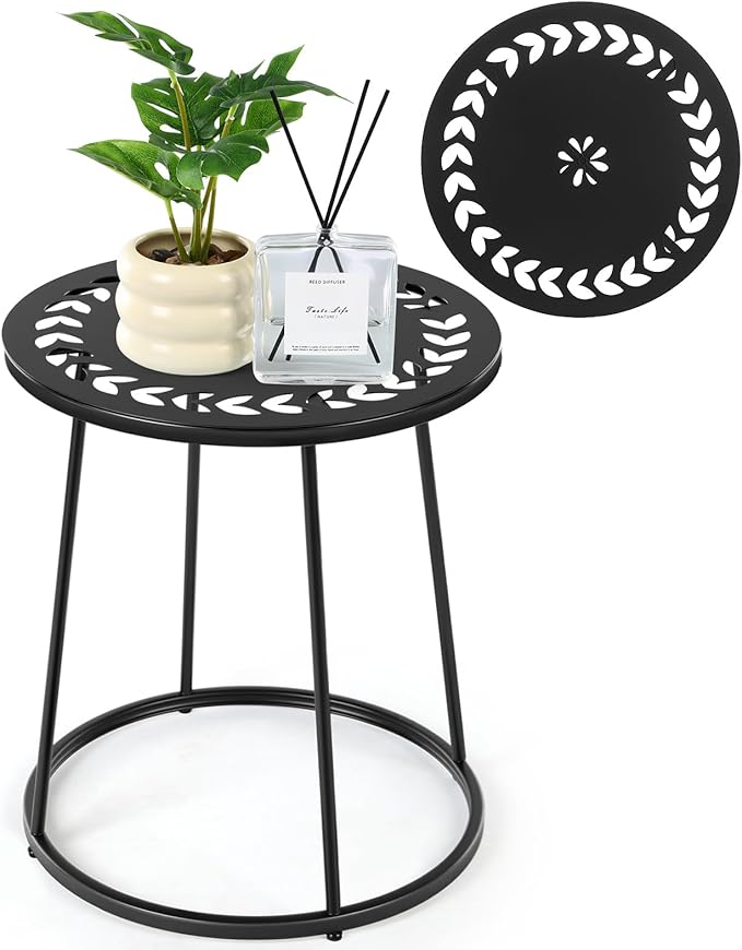 Outdoor Side Table with Flower Cut Outs 14" Weather Resistant Metal Patio Side Tables Small Plant Stand Round Outdoor End Table for Patio Outside Porch Balconies Garden(Black,Traditional)