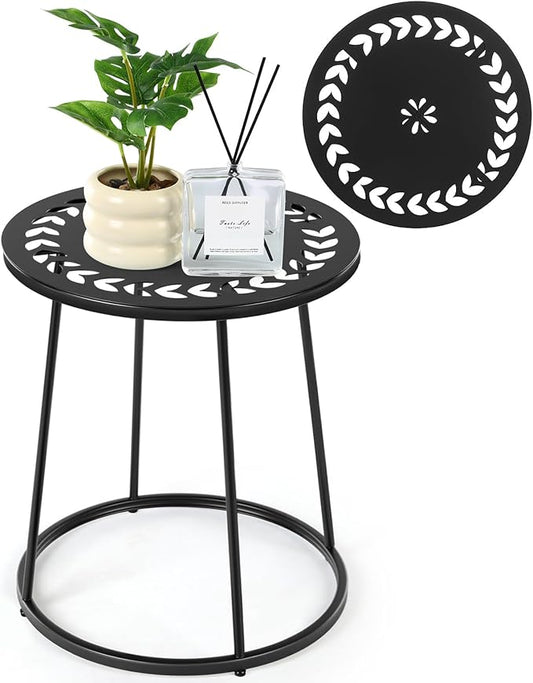 Outdoor Side Table with Flower Cut Outs 14" Weather Resistant Metal Patio Side Tables Small Plant Stand Round Outdoor End Table for Patio Outside Porch Balconies Garden(Black,Traditional)