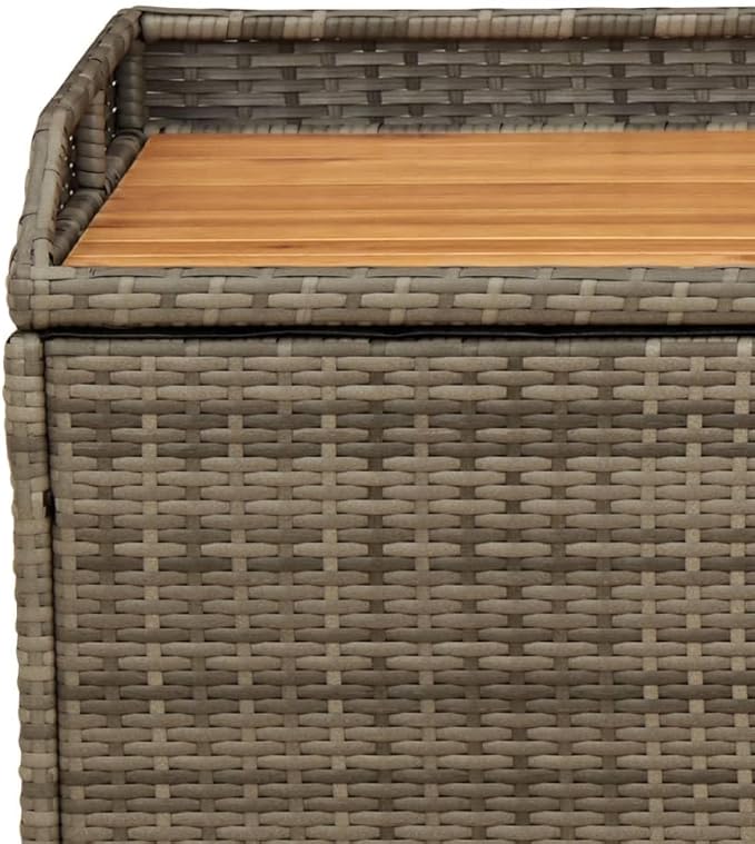 Grey and Brown Storage Bench with Gas Spring Lid, Poly Rattan and Acacia Wood, UV Resistant Water-Resistant Outdoor Indoor Seating for Patio Balcony Garden, Ample Storage