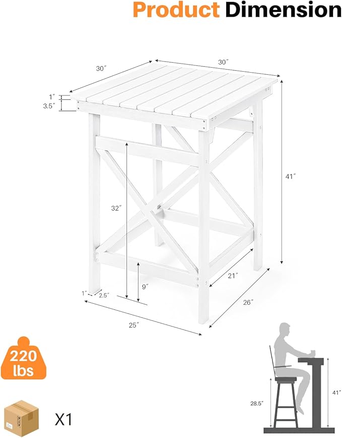 HDPE Outdoor Bar Table, 41" Adirondack Outdoor Bar Height Table, Weather Resistant HDPE Patio High Top Pub Table, Square HDPE Patio Bar Tables for Garden, Porch, Poolside, Balcony, Pearl