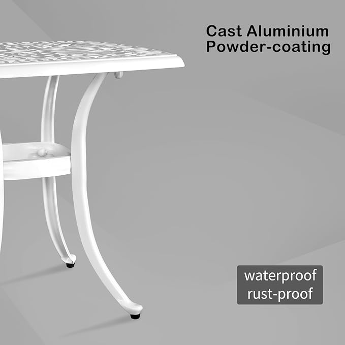 Bonnlo 21 Inch Cast Aluminum Outdoor Side Table with Umbrella Hole, Anti-Rust Coffee Bistro Table for Outdoor, Patio, Garden, Porch, Balcony End Table (Square, White)
