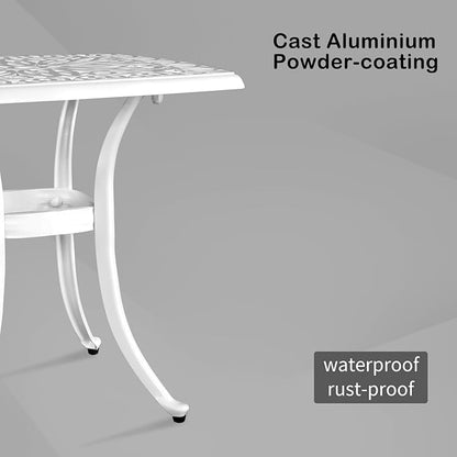 Cast Aluminum Square Table with 1.6 inch Umbrella Hole, Outdoor Patio End Side Table, Cocktail Coffee Bistro Table Weather Resistance, Adjustable Foot Pads for Garden, Porch, Balcony White