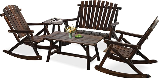 5-Piece Outdoor Wood Rocking Bistro Set, Rustic Wooden Conversation Set Including 2-Seater Loveseat, 2 Coffee Table, 2 Log Rocker Chair, Patio Furniture Chair Set for Lawn Yard, Carbonized