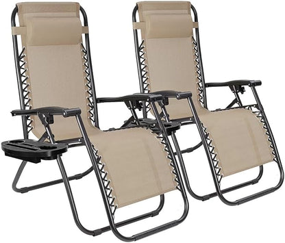 EZONE Zero Gravity Lounge Chairs Outdoor Adjustable Reclining Patio Chair Steel Mesh Folding Recliner for Pool Beach Camping Lounge Chair with Pillows and Cup Tray (2, Beige)