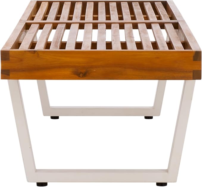 SAFAVIEH Outdoor Patio Furniture Heather Natural Brown Solid Wood & White Legs 60-inch Steel Bench