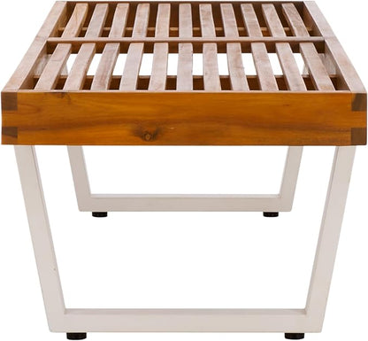 SAFAVIEH Outdoor Patio Furniture Heather Natural Brown Solid Wood & White Legs 60-inch Steel Bench
