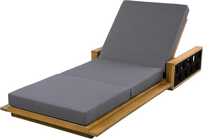 Merax Patio Chaise Lounge Set of 4, Acacia Wood Outdoor Reclining Chairs with 4-Position Adjustable Backrest, 4-Piece Sunbathing Recliner & 4" Thick Triple-fold Cushion for Poolside, Garden, Dark Gray
