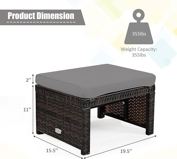 Tangkula 2 Pieces Patio Rattan Ottomans, All Weather Outdoor Footstool Footrest Seat with Soft Cushion, Hidden Zipper - Photo 5