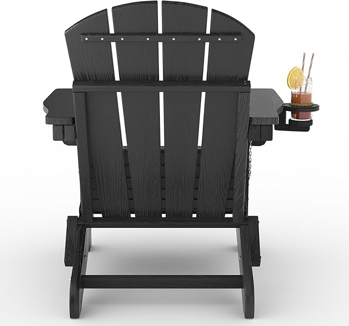 Garvee Folding Adirondack Chair Set of 4 with Ottoman, HDPE Outdoor Patio Chair with Cup Holder, All Weather Resistent Wooden Textured for patios, Decks, Gardens, fire Pit, Black