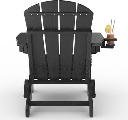 Folding Adirondack Chair Set of 5, All-Weather HDPE Outdoor Chair, Wooden Textured with Cup Holder for patios, Decks, Gardens, fire pits, Black