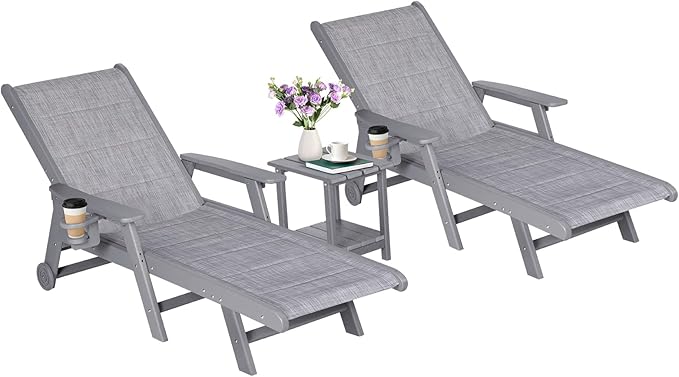 Outdoor Chaise Lounge Chair with Table Set of 3, 5-Position Adjustable Patio Lounge Chair with Wheels & Cup Holder, HDPE Pool Lounge Chair for Outside, Poolside & Beach (Grey)