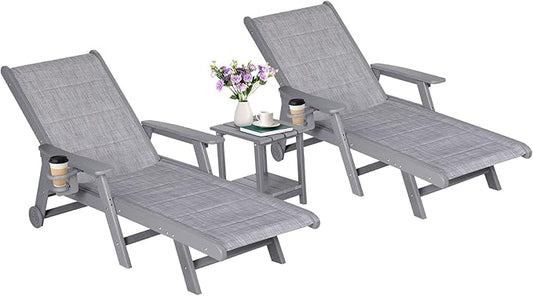 Outdoor Chaise Lounge Chair with Table Set of 3, 5-Position Adjustable Patio Lounge Chair with Wheels & Cup Holder, HDPE Pool Lounge Chair for Outside, Poolside & Beach (Grey)