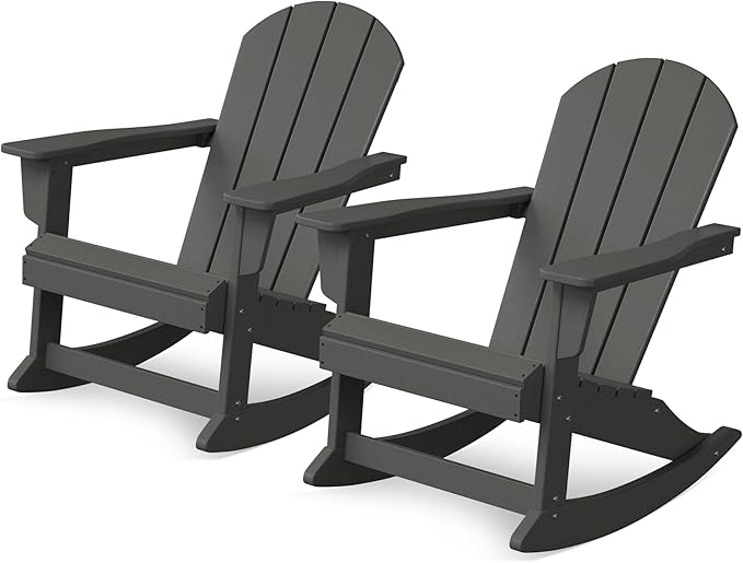 Costaelm Outdoor Adirondack Chair Set of 2, All Weather Resistant Classic Balcony Chair and Fire Pit Chairs, Adirondack Plastic Outdoor Porch Furniture Rocking Chair High Back HDPE Poly Lumber, Gray