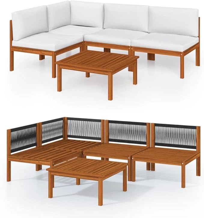 Rustic Solid Acacia Wood Garden Lounge Set with Weather-Resistant Cushions, Modular Outdoor Patio Furniture for Relaxing, Spacious Seating and Natural Wood