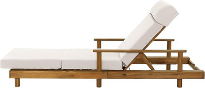 Merax Acacia Wood Outdoor Chaise Lounge Chair Set of 4, Thick 4-Fold Cushion & Headrest, 3-Position Adjustable Backrest, Modern 76.8" L Large Patio Pool Sun Lounger for Garden Beach Yard, Cream+Teak