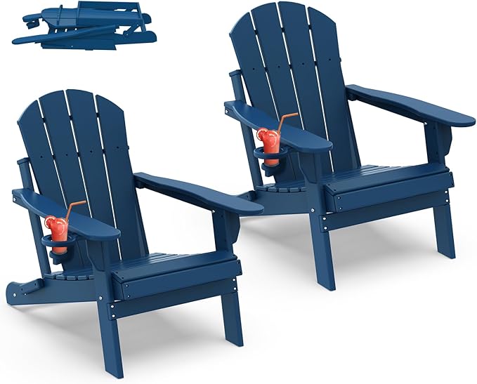 IVY&LANE Folding-Adirondack-Chairs-Set-of-2 | HDPE Plastic | Outdoor Fire Pit Chair with Cup Holder | Blue | Poly | Weather Resistant | for Patio Deck Poolside Garden Beach