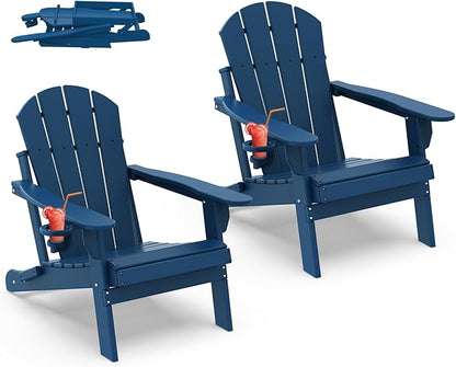 IVY&LANE Folding-Adirondack-Chairs-Set-of-2 | HDPE Plastic | Outdoor Fire Pit Chair with Cup Holder | Blue | Poly | Weather Resistant | for Patio Deck Poolside Garden Beach