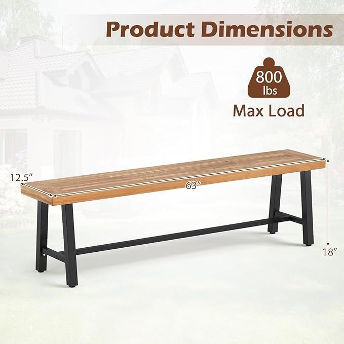 Outdoor Bench Garden Bench Set of 2, 63" Backless Acacia Wood Bench with Heavy-Duty Metal Legs, Patio Dining Bench Front Porch Benches for Outside, Yard & Garden