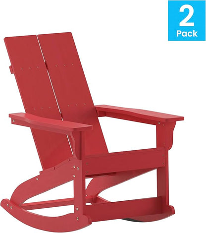 Flash Furniture Finn Modern Commercial Poly Resin Wood Adirondack Rocking Chair - All Weather Red Polystyrene - Dual Slat Back - Stainless Steel Hardware - Set of 2