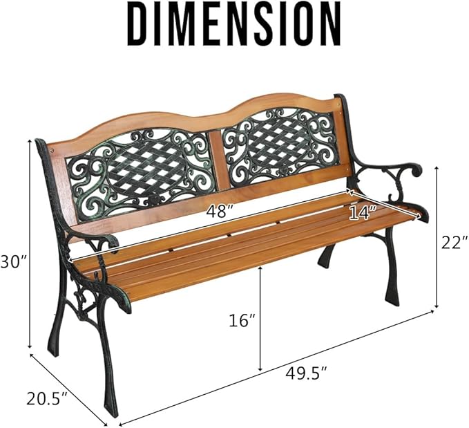 49" Outdoor Wood Bench for Garden, Patio & Porch, 2-Person Bench with Iron Armrests, PVC Backrest, Weather-Resistant Hardwood Seat, Natural Wood & Bronze