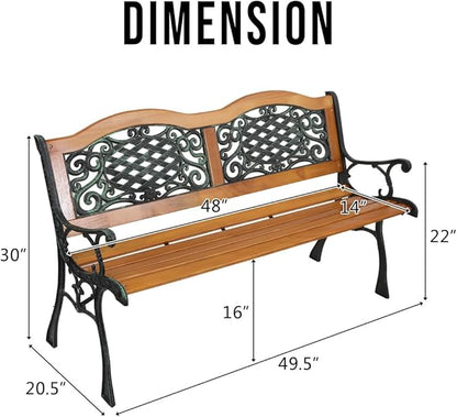 49" Outdoor Wood Bench for Garden, Patio & Porch, 2-Person Bench with Iron Armrests, PVC Backrest, Weather-Resistant Hardwood Seat, Natural Wood & Bronze